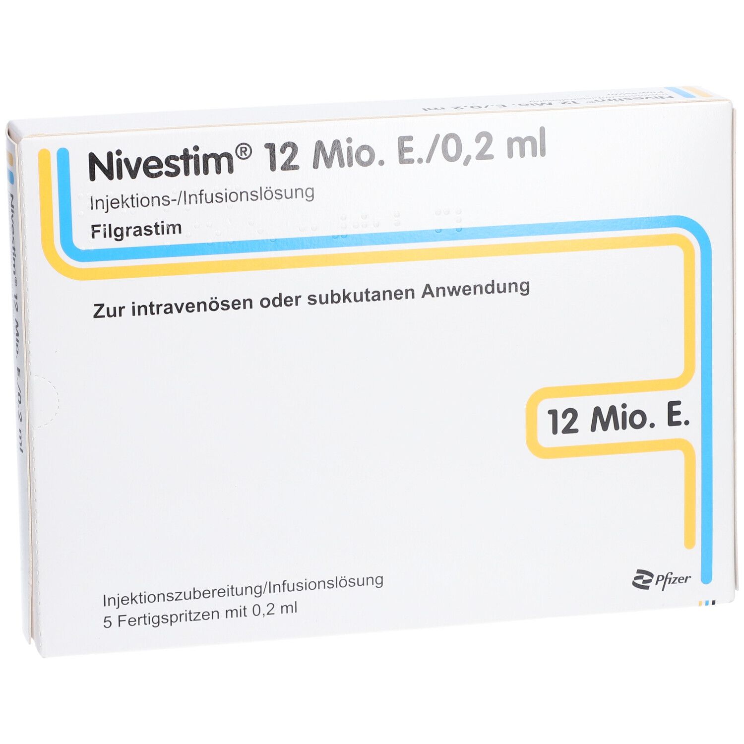 Vorderseite der Verpackung von NIVESTIM 12 Mio.E/0,2ml. Aufschrift: Injektions-/Infusionslösung, Filgrastim. 5 Fertigspritzen.