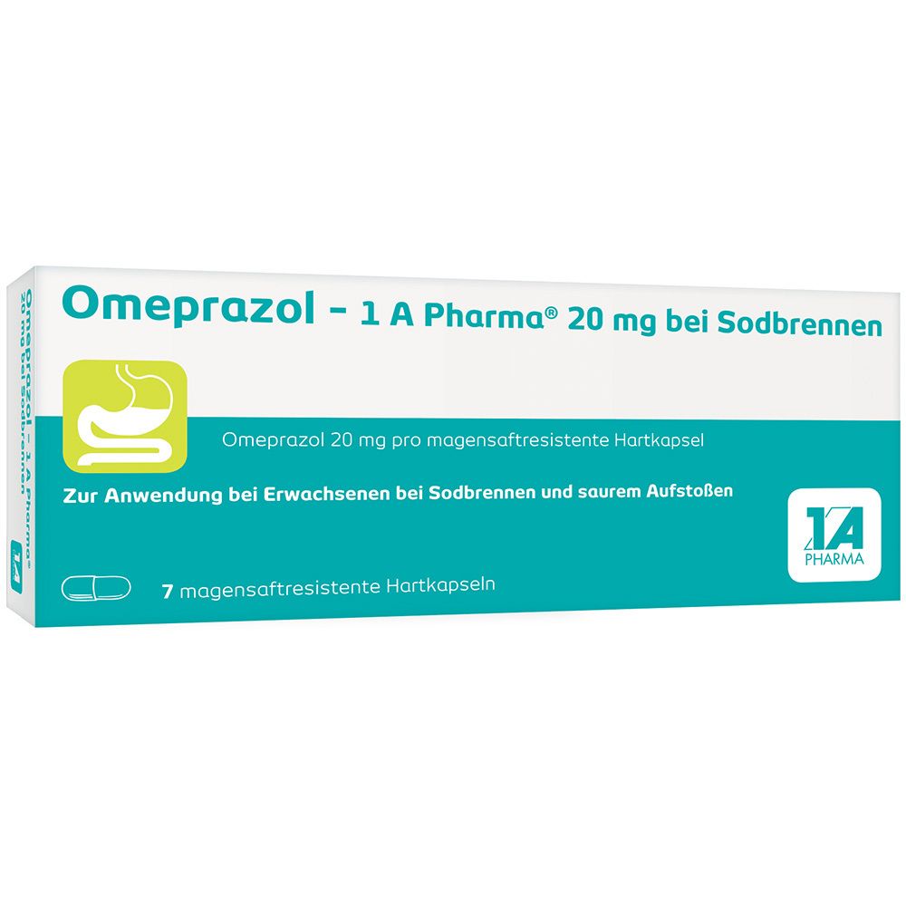 Omeprazol - 1 A Pharma® 20 mg bei Sodbrennen. Weiße Schachtel mit grünen und blauen Akzenten. Text und Logo.