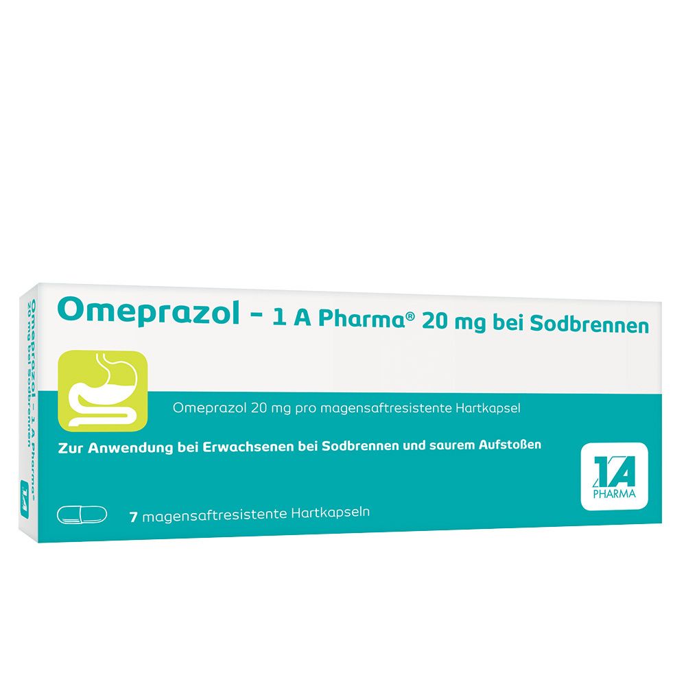 Omeprazol - 1 A Pharma® 20 mg bei Sodbrennen. Weiße Schachtel mit grünen und blauen Akzenten. Text und Logo.