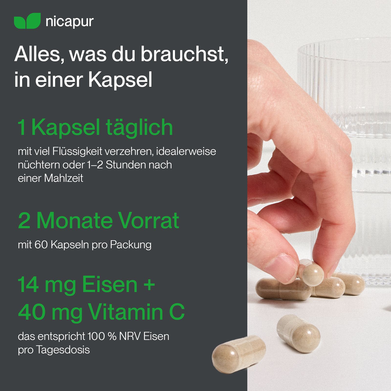Hand nimmt Kapseln aus einer Packung mit 60 Kapseln, 14 mg Eisen + 40 mg Vitamin C.