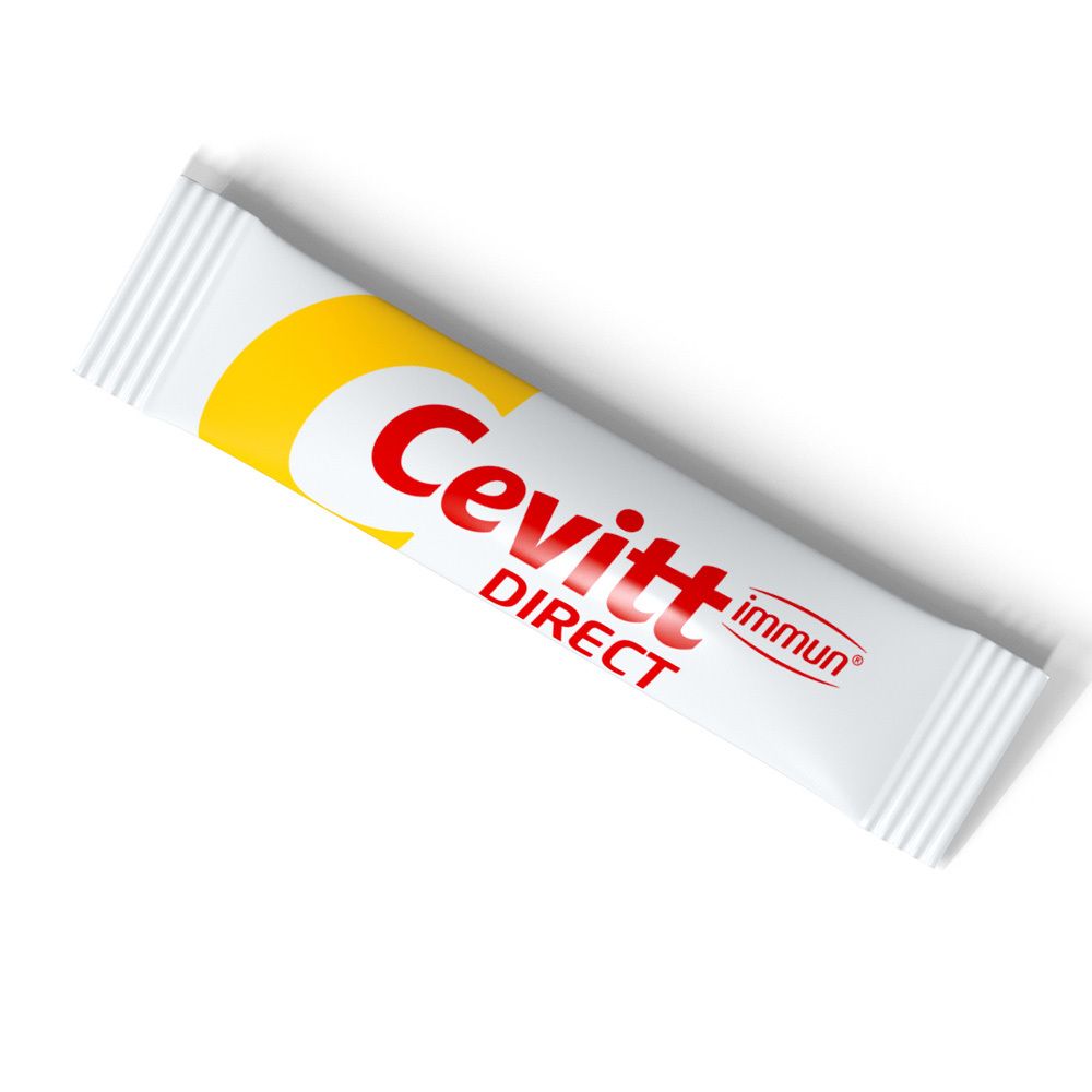 Cevitt immun® Direct Stick. Enthält Vitamin C. Weißer Stick mit gelben Elementen und roter Schrift.