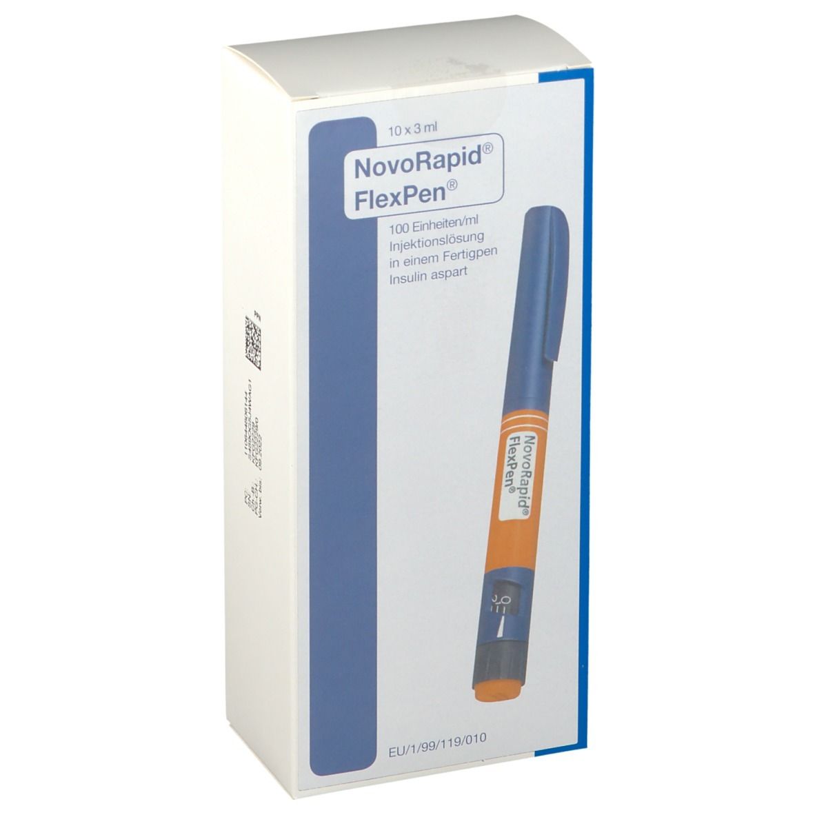 Verpackung mit NovoRapid FlexPen. Blaue und orangefarbene Fertigspritze. Text: 100 Einheiten/ml, Insulin aspart.