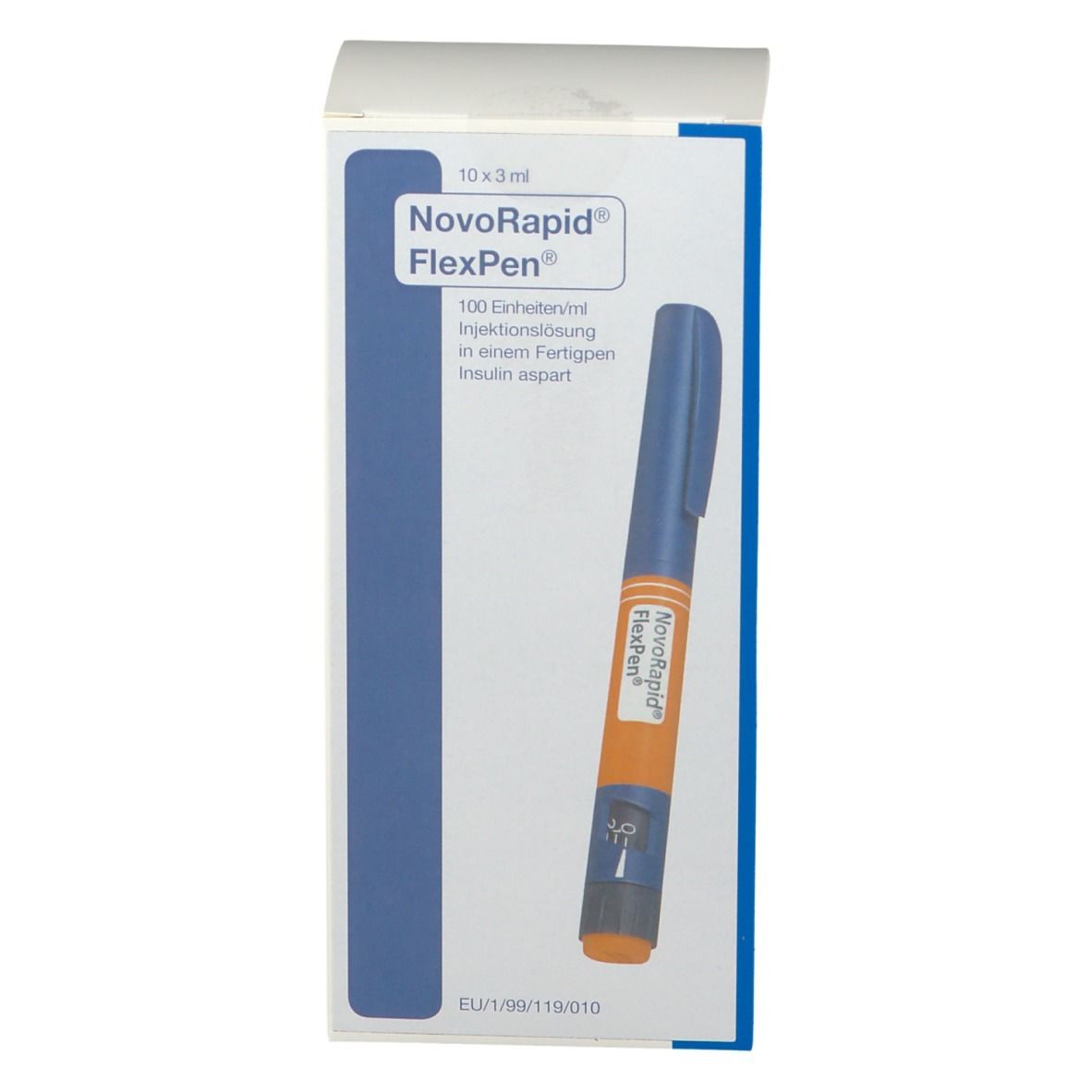 Verpackung mit NovoRapid FlexPen. Blaue und orangefarbene Fertigspritze. Text: 100 Einheiten/ml, Insulin aspart.