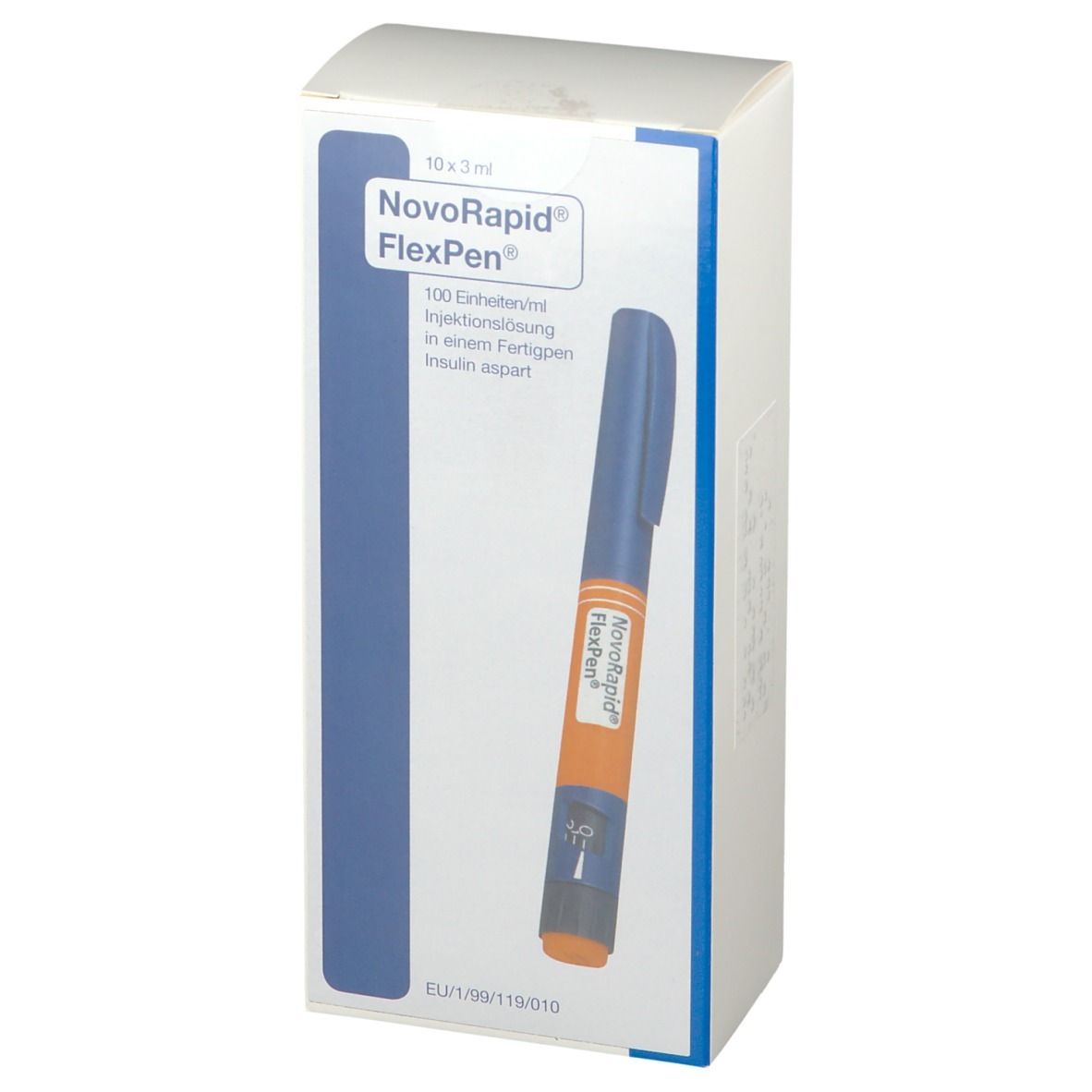 Verpackung mit NovoRapid FlexPen. Blaue und orangefarbene Fertigspritze. Text: 100 Einheiten/ml, Insulin aspart.