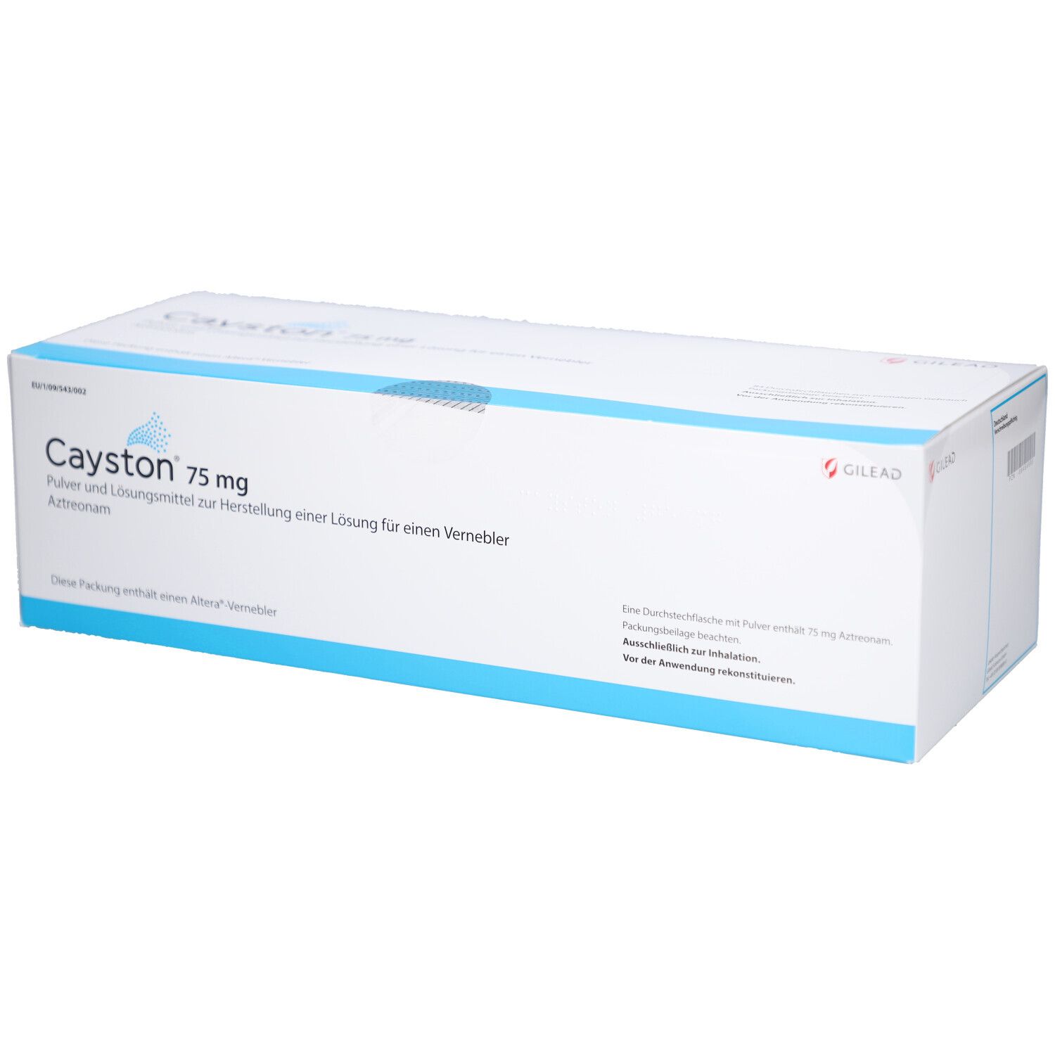 Weiße Schachtel mit Cayston 75 mg Aufschrift. Blaue Akzente. Gilead-Logo. Text: Pulver und Lösungsmittel zur Herstellung einer Lösung für einen Vernebler.