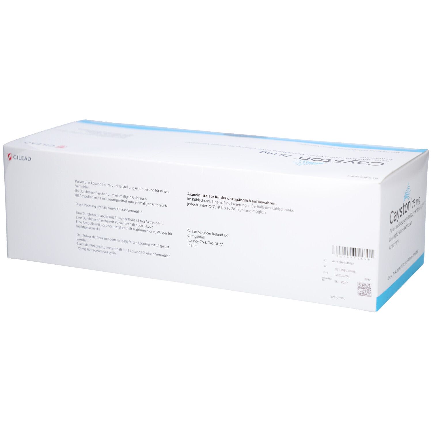 Weiße Schachtel mit Cayston 75 mg Aufschrift. Blaue Akzente. Gilead-Logo. Text auf der Rückseite. Barcode.