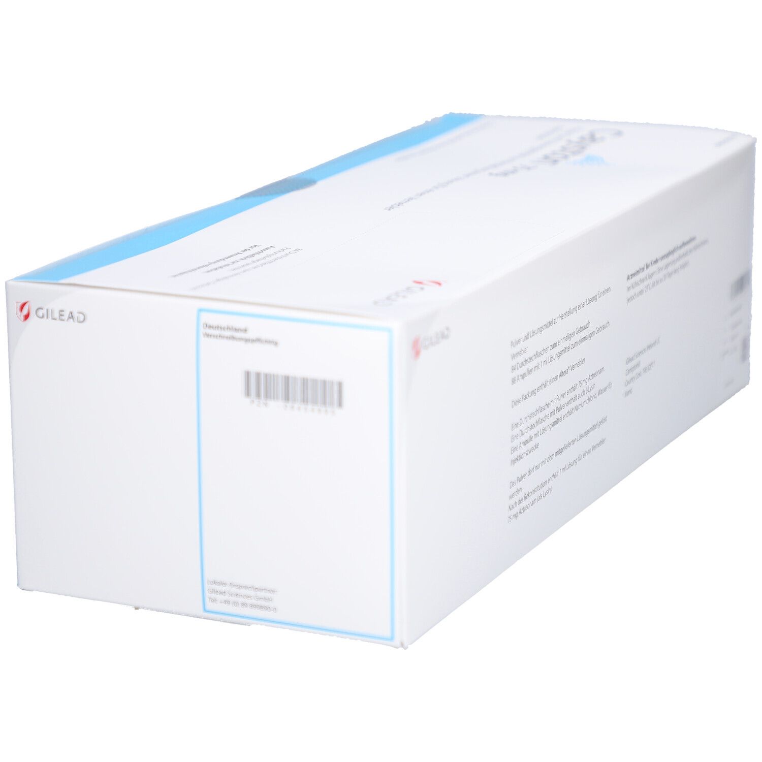 Weiße Schachtel mit Gilead-Logo. Text und Barcode. Blaue Akzente.