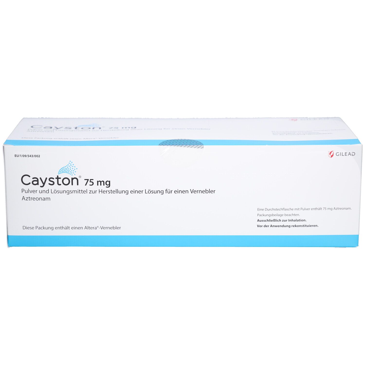 Weiße Schachtel mit Cayston 75 mg Aufschrift. Blaue Akzente. Gilead-Logo. Text: Pulver und Lösungsmittel zur Herstellung einer Lösung für einen Vernebler.