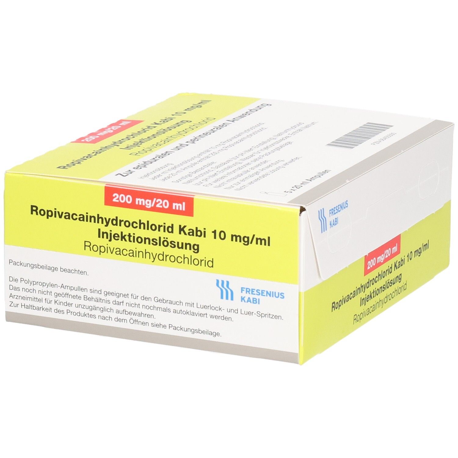 Schrägansicht einer Produktverpackung. Gelbe und rote Akzente. Aufschrift: Ropivacainhydrochlorid Kabi 10 mg/ml Injektionslösung.