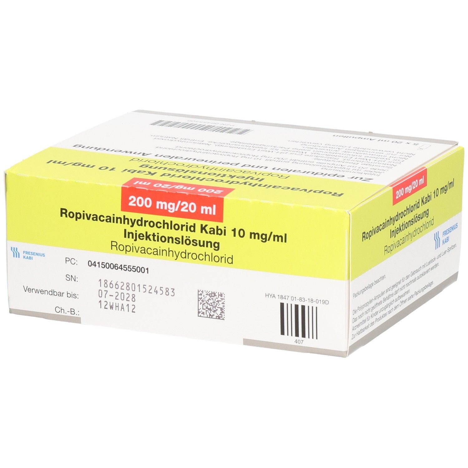 Produktverpackung mit gelben und roten Akzenten. Aufschrift: Ropivacainhydrochlorid Kabi 10 mg/ml Injektionslösung. Details und Codes.