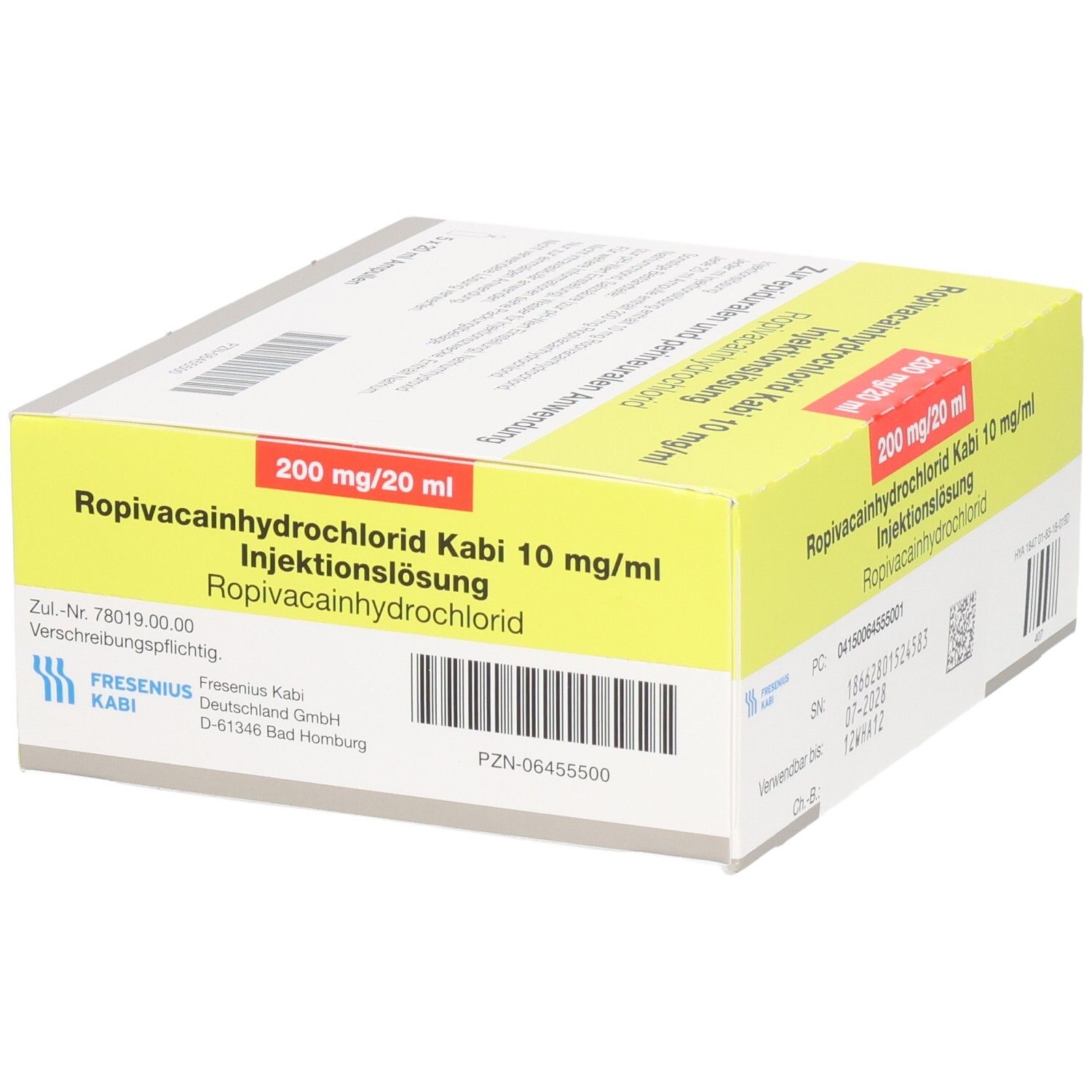Produktverpackung mit gelben und roten Akzenten. Aufschrift: Ropivacainhydrochlorid Kabi 10 mg/ml Injektionslösung. Details und Codes.