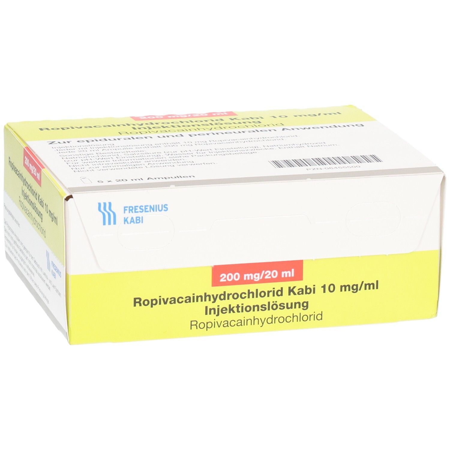 Produktverpackung mit gelben und roten Akzenten. Aufschrift: Ropivacainhydrochlorid Kabi 10 mg/ml Injektionslösung.