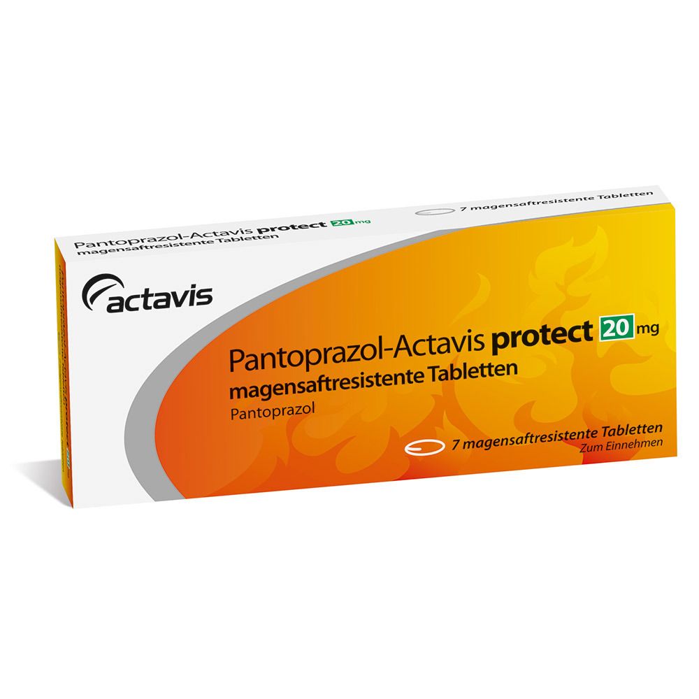 Verpackung von Pantoprazol-Actavis protect 20 mg, magensaftresistente Tabletten. Actavis-Logo. 7 Tabletten. Zum Einnehmen.