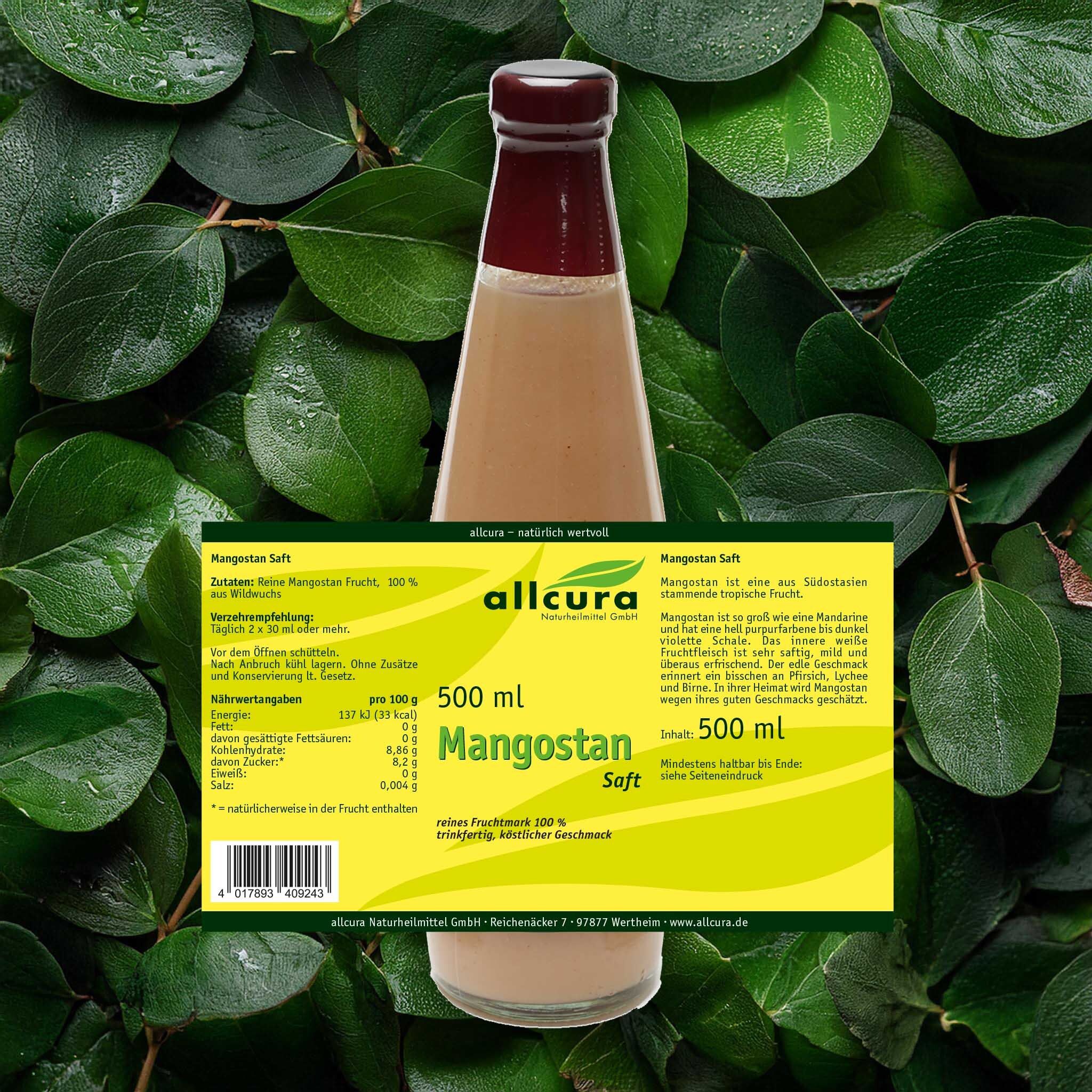 Braune Glasflasche mit braunem Saft. Gelbes Etikett mit Text. Aufschrift: allcura Mangostan Saft, 500 ml.