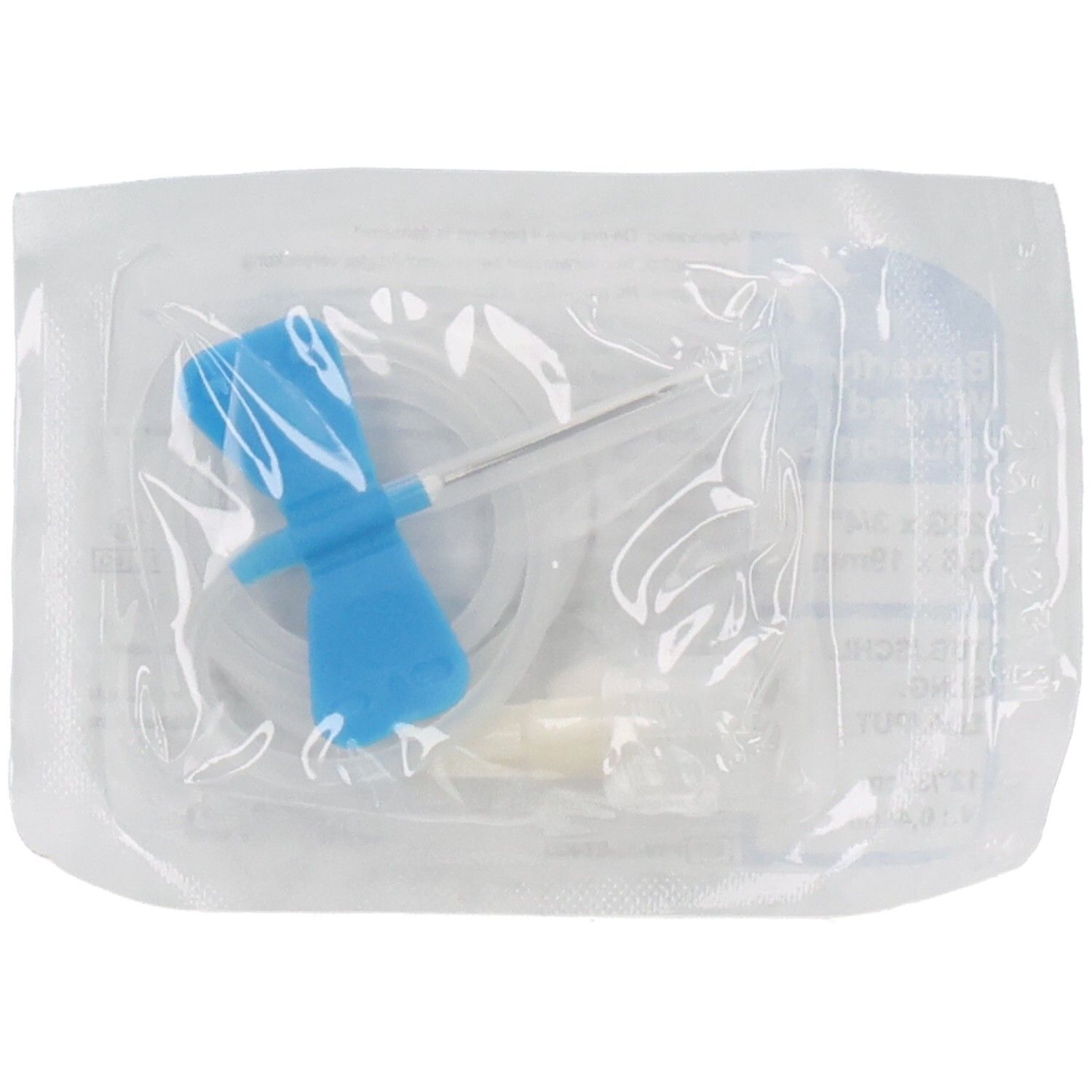 Blaues Butterfly-Kanüle-Set in transparenter Verpackung. Sichtbar: Kanüle, Flügel, Schlauch und Konnektor.