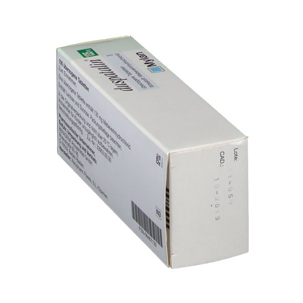 DUSPATALIN 135 mg Tabletten-Packung. Schachtel schräg. Text und Logo sichtbar. Hersteller: Mylan. Verfallsdatum: 12-2019.