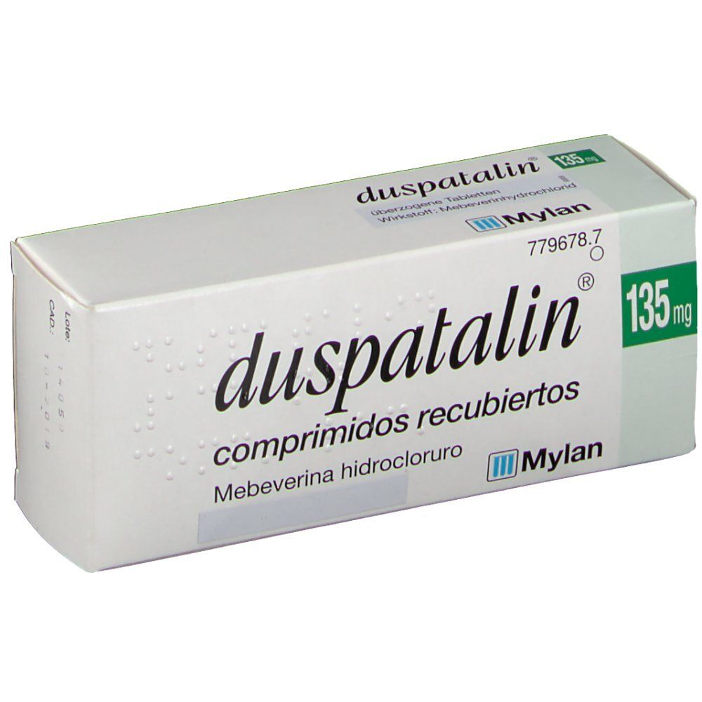 DUSPATALIN 135 mg Packung. Weiße Schachtel mit Text und Logo. Enthält Tabletten. Hersteller: Mylan. Dosierung: 135 mg.