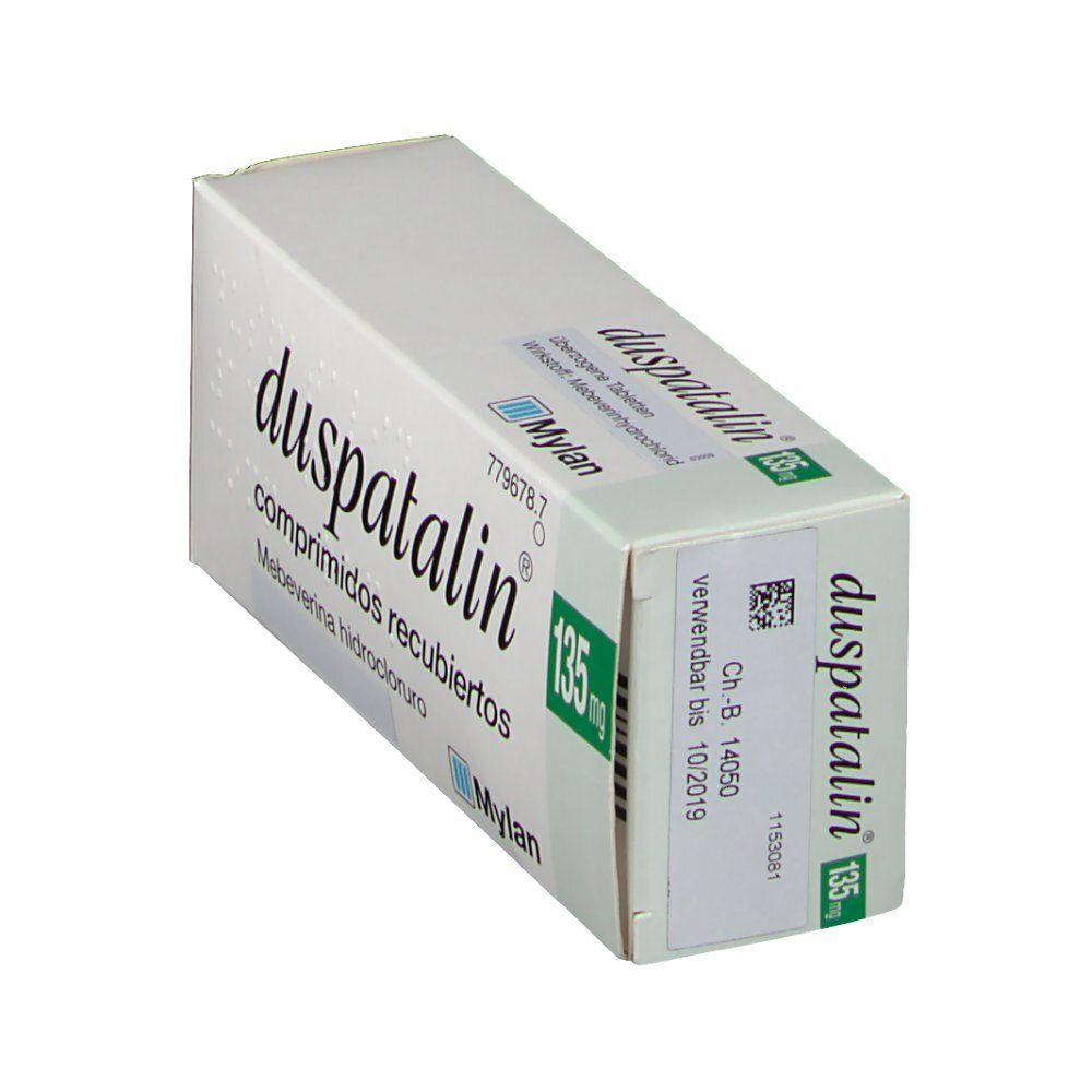 DUSPATALIN 135 mg Packung. Schachtel schräg. Text und Logo sichtbar. Hersteller: Mylan. Verfallsdatum: 10-2019.