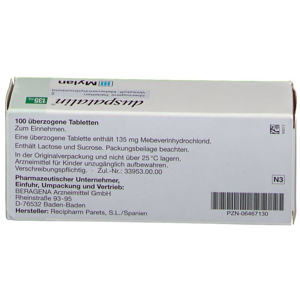 DUSPATALIN 135 mg Tabletten-Packung. Weiße Schachtel mit Text und Logo. Enthält 100 Tabletten. Hersteller: Mylan.