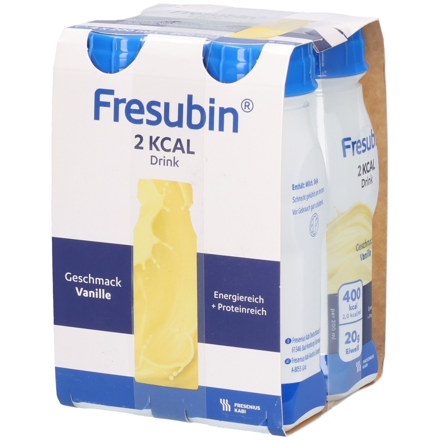 Packung mit vier Flaschen FRESUBIN 2 kcal Drink Vanille. Flaschen weiß mit blauem Deckel. Aufdrucke: Marke, Geschmack, Nährwerte.