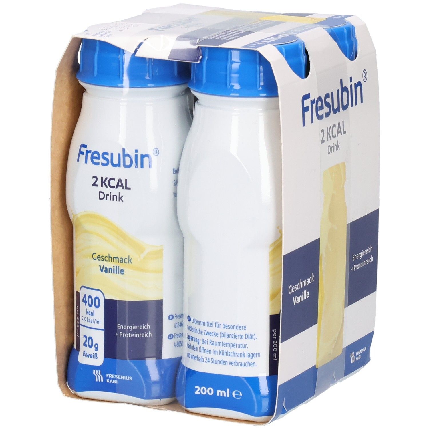 Packung mit vier Flaschen FRESUBIN 2 kcal Drink Vanille. Flaschen weiß mit blauem Deckel. Aufdrucke: Marke, Geschmack, Nährwerte.