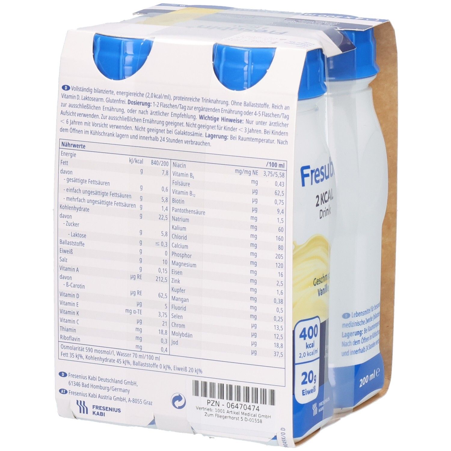Packung mit vier Flaschen FRESUBIN 2 kcal Drink Vanille. Rückseite mit Nährwertangaben und Herstellerinformationen.