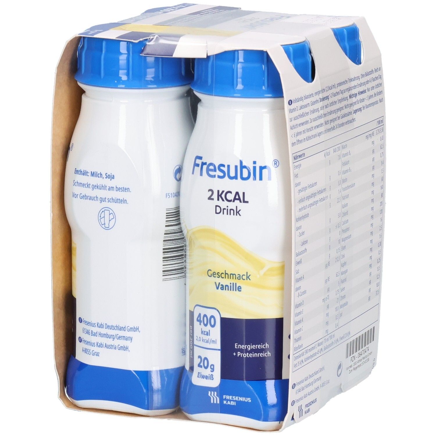 Packung mit vier Flaschen FRESUBIN 2 kcal Drink Vanille. Flaschen weiß mit blauem Deckel. Aufdrucke: Marke, Geschmack, Nährwerte.