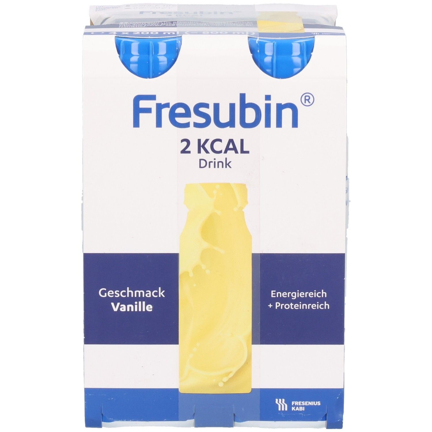 Einzelpackung FRESUBIN 2 kcal Drink Vanille. Weiße Flasche mit blauem Deckel. Aufdrucke: Marke, Geschmack, Nährwerte.