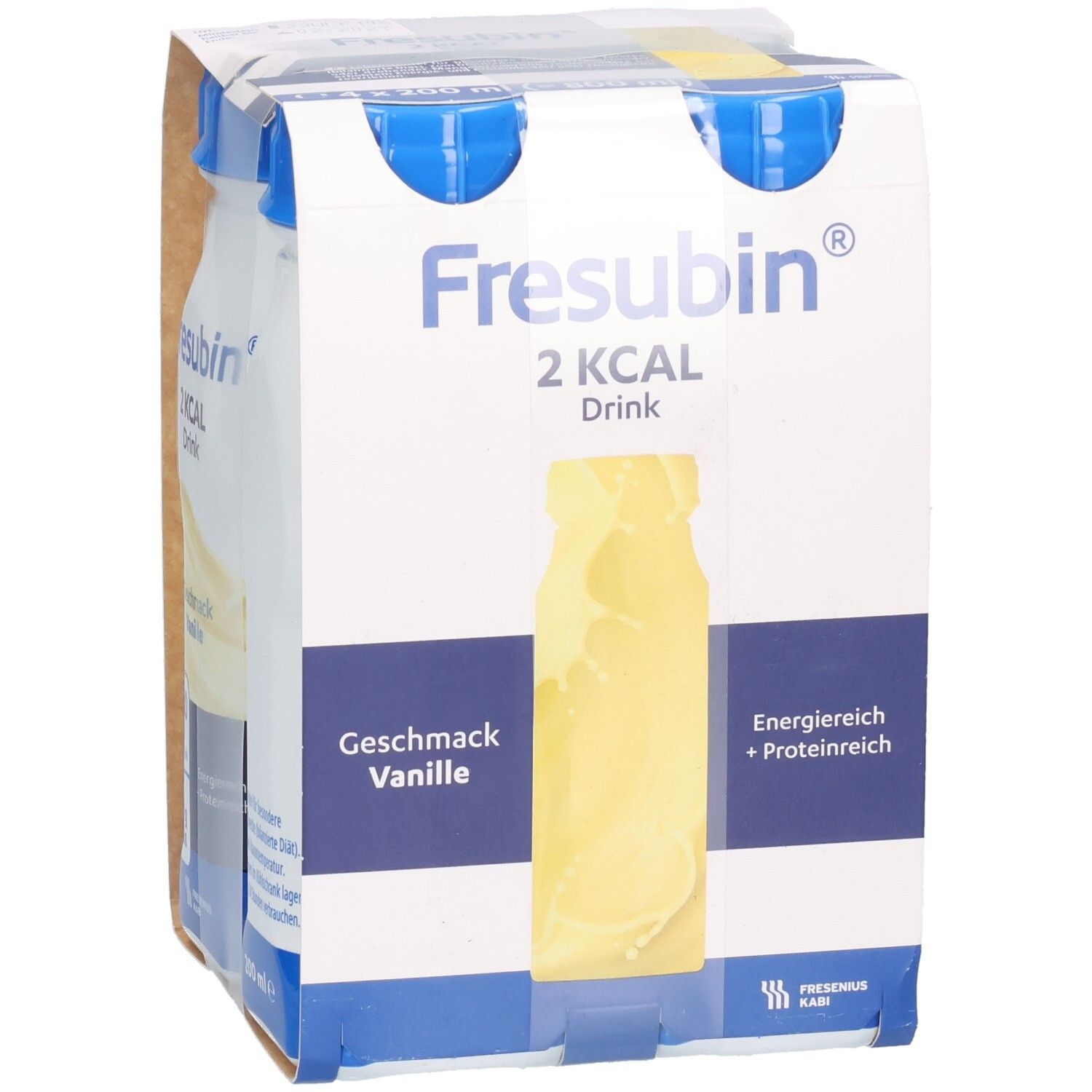 Packung mit vier Flaschen FRESUBIN 2 kcal Drink Vanille. Flaschen weiß mit blauem Deckel. Aufdrucke: Marke, Geschmack, Nährwerte.
