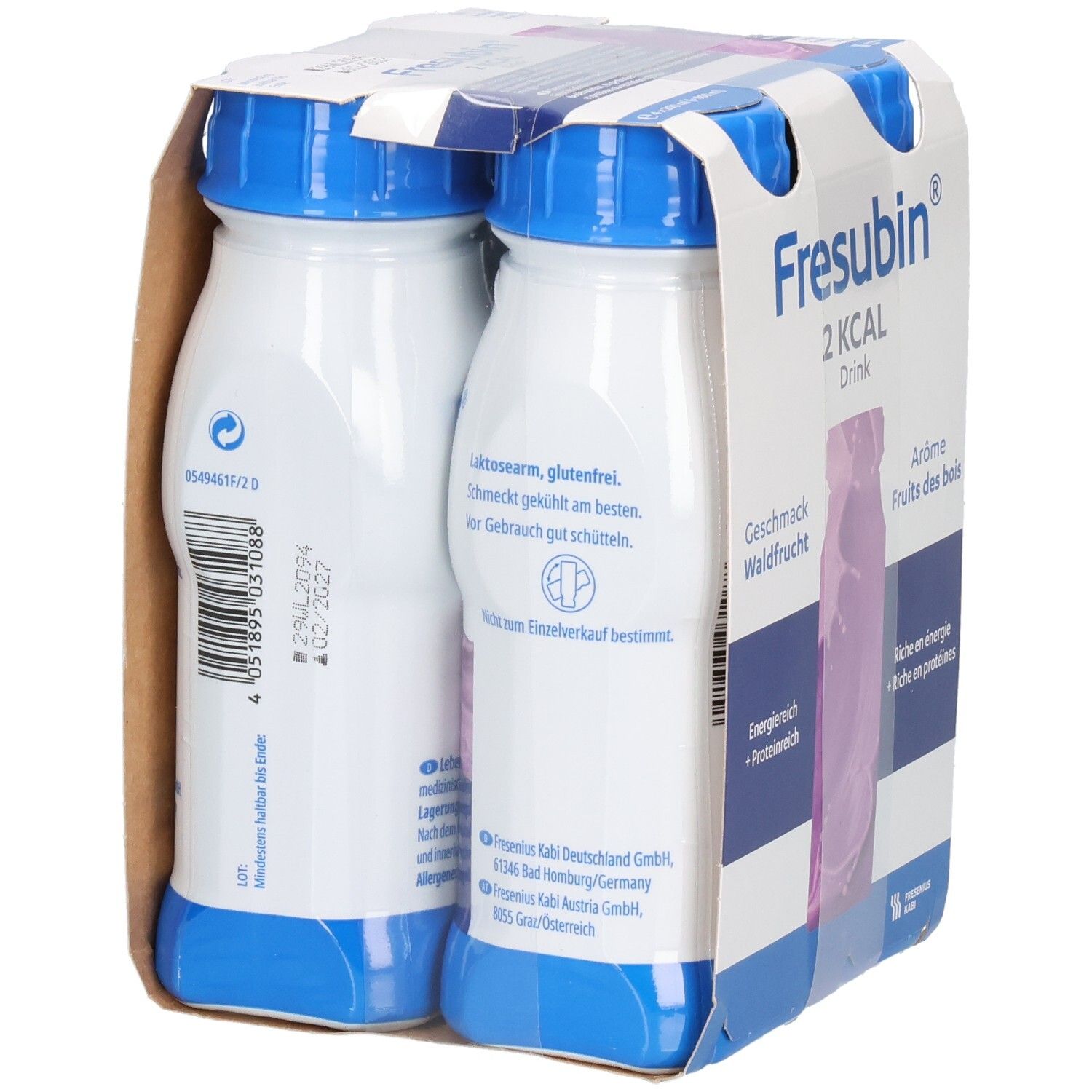 Rückseite der FRESUBIN 2 kcal Drink-Verpackung mit Informationen. Flaschen mit blauen Deckeln, weißem Körper.