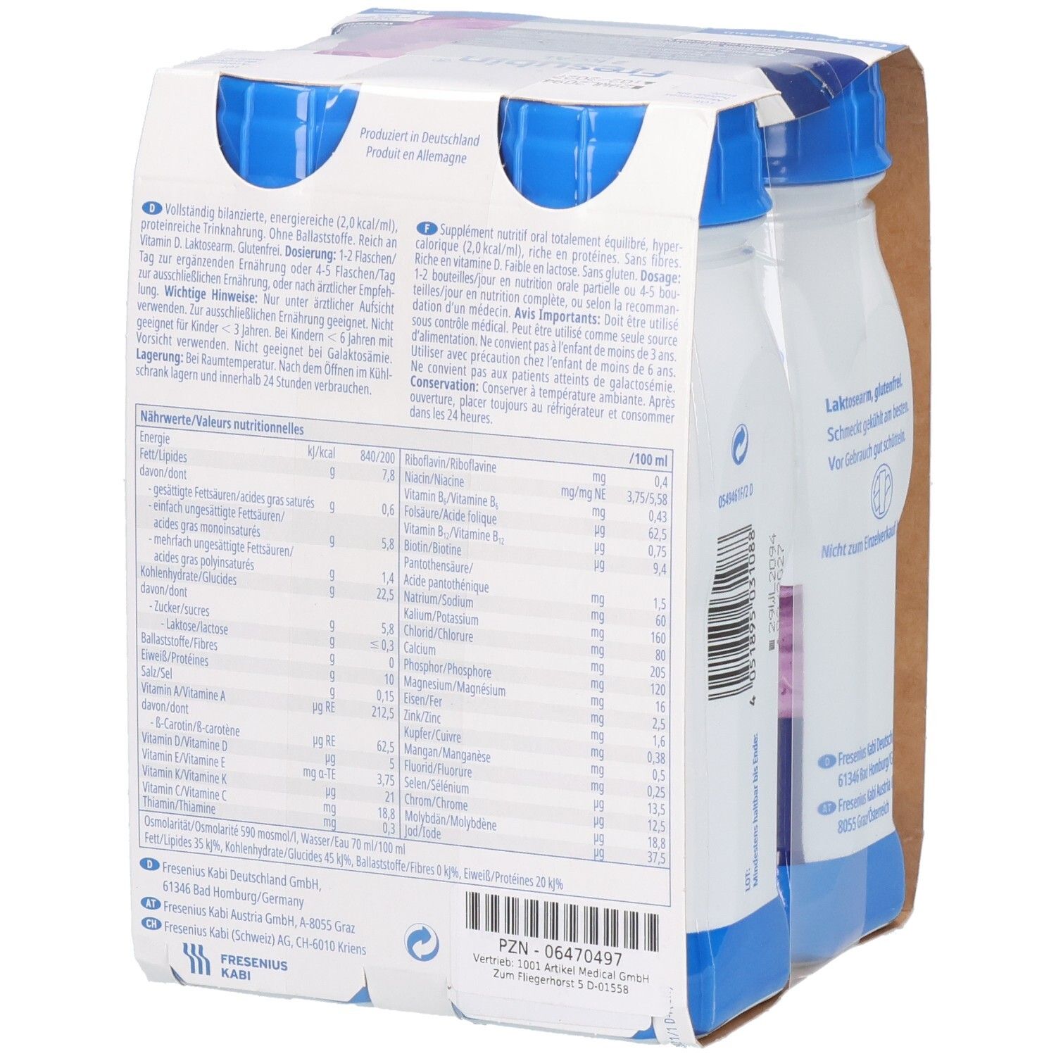 Rückseite der FRESUBIN 2 kcal Drink-Verpackung mit Nährwertangaben. Flaschen mit blauen Deckeln, weißem Körper.