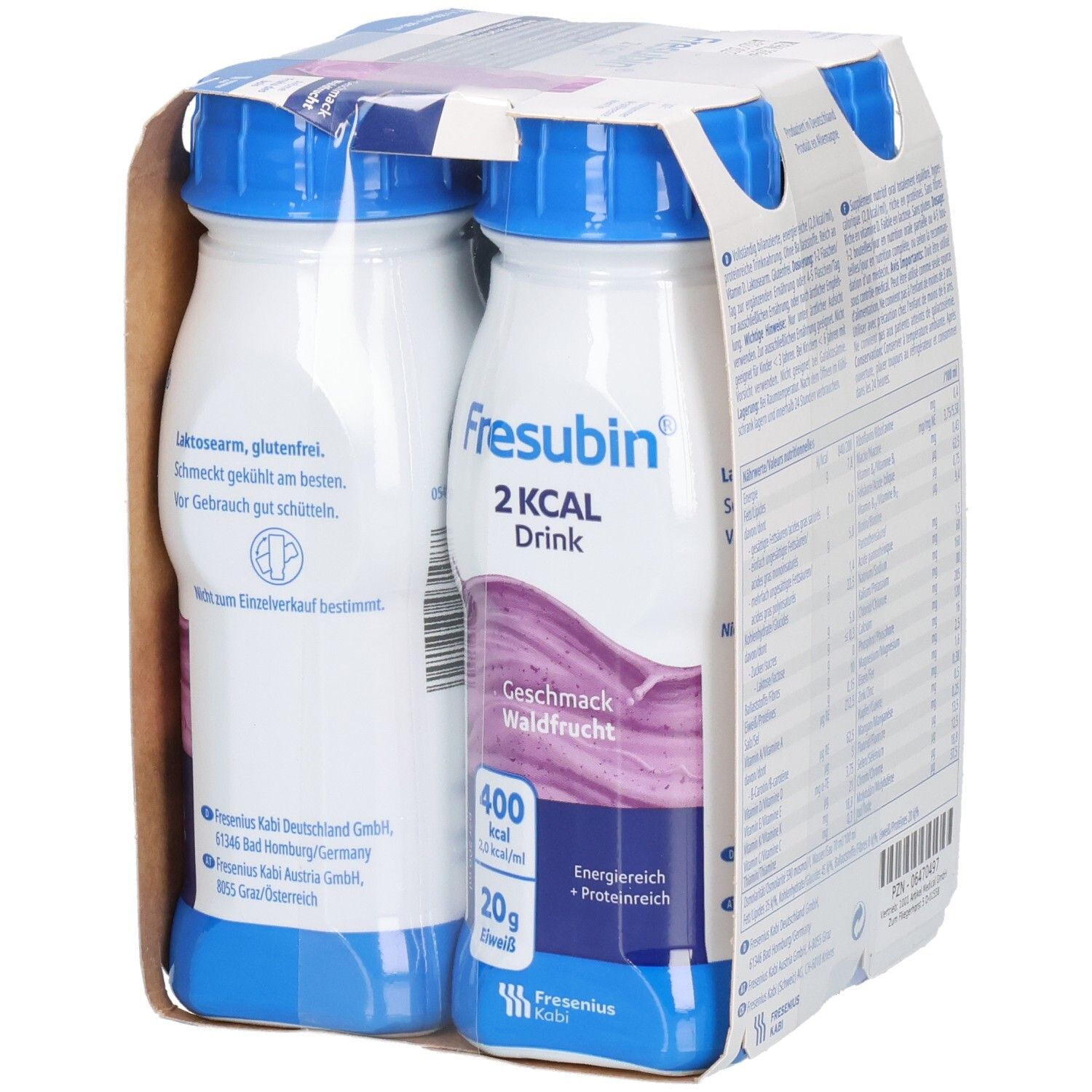 Packung mit vier Flaschen FRESUBIN 2 kcal Drink, Geschmack Waldfrucht. Blaue Deckel, weiße Flaschen, lila Etikett.