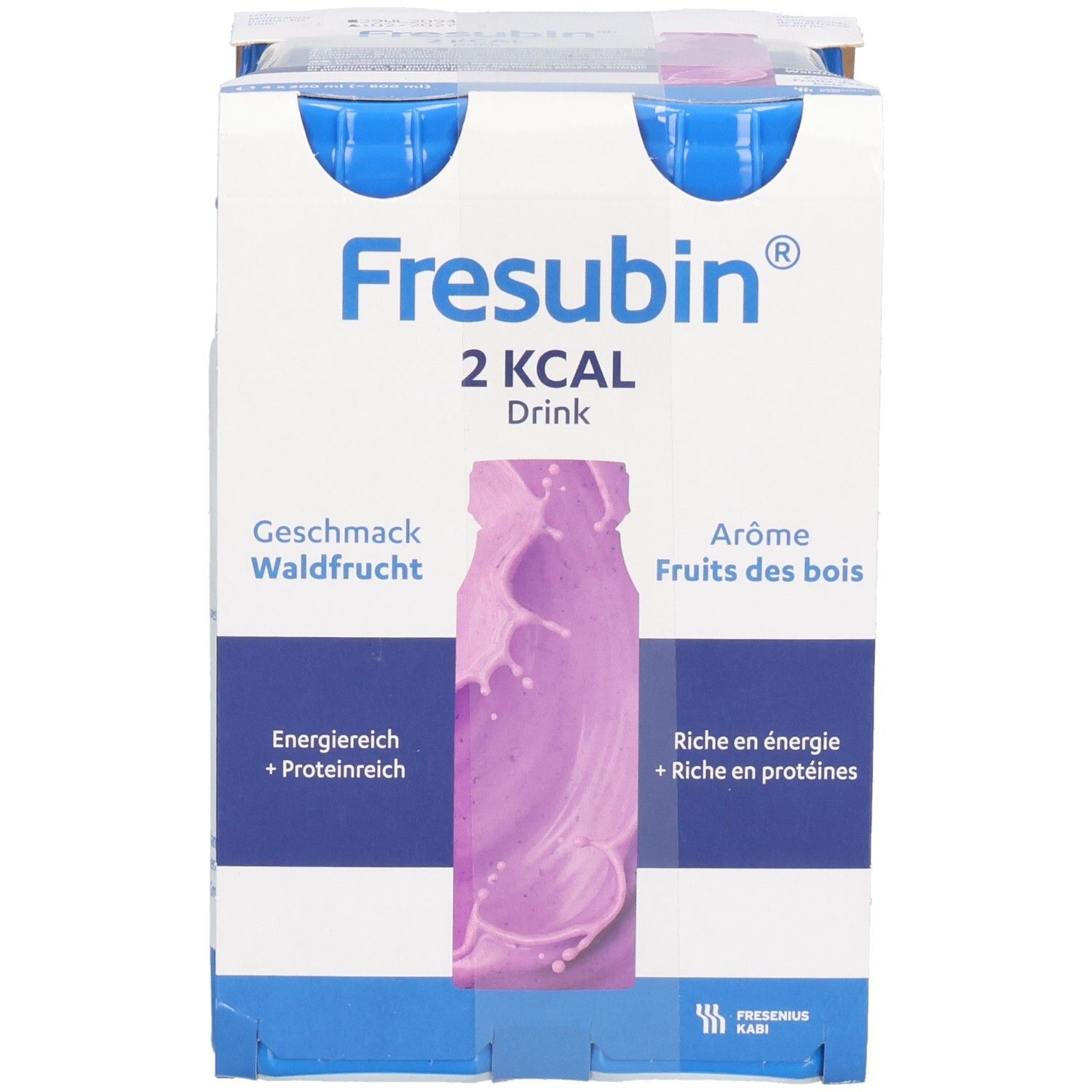 FRESUBIN 2 kcal Drink-Packung, Geschmack Waldfrucht. Blaue Deckel, weiße Flaschen, lila Etikett. Logo und Text.