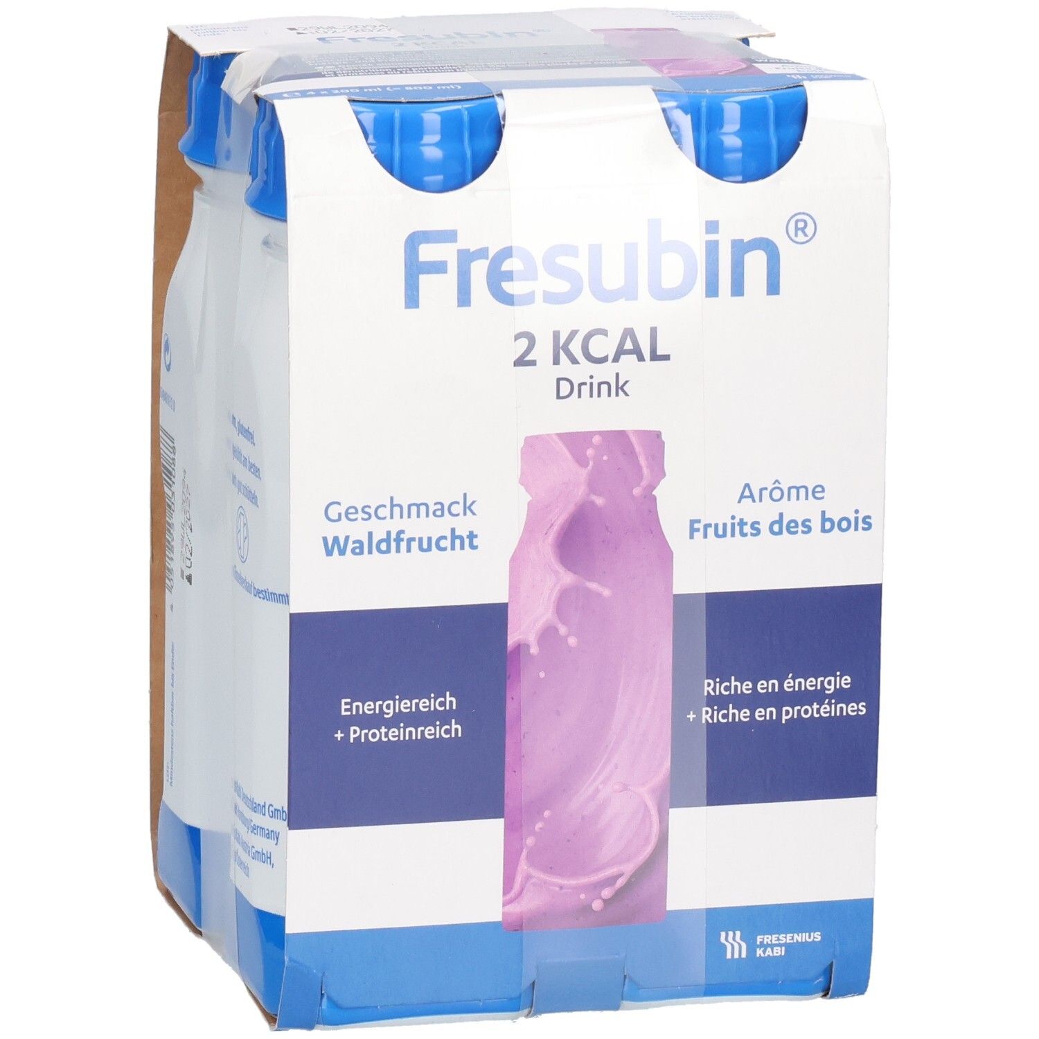 Packung mit vier Flaschen FRESUBIN 2 kcal Drink, Geschmack Waldfrucht. Blaue Deckel, weiße Flaschen, lila Etikett.