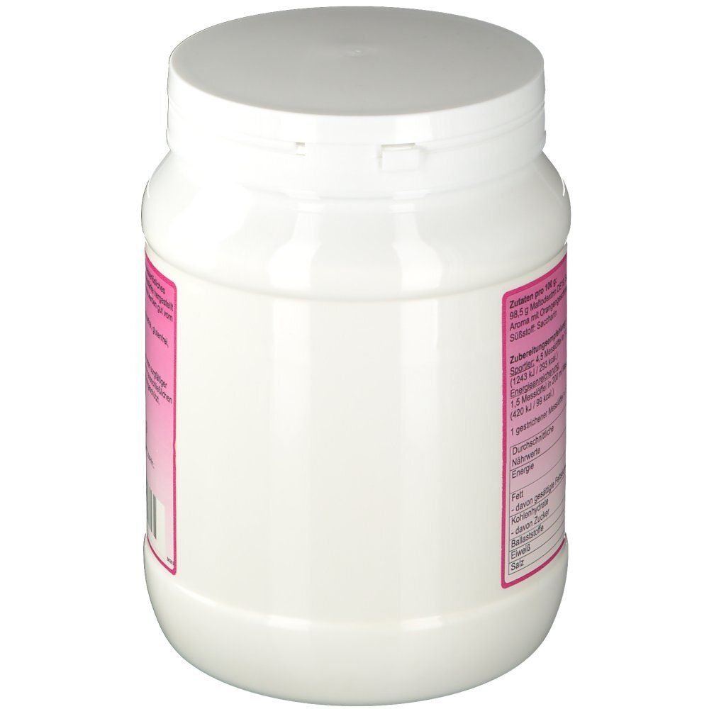 Weißes Kunststoffgefäß mit Schraubverschluss. Rosa Etikett mit Produktinformationen. Text über Nährwerte. Inhalt: 850 g.