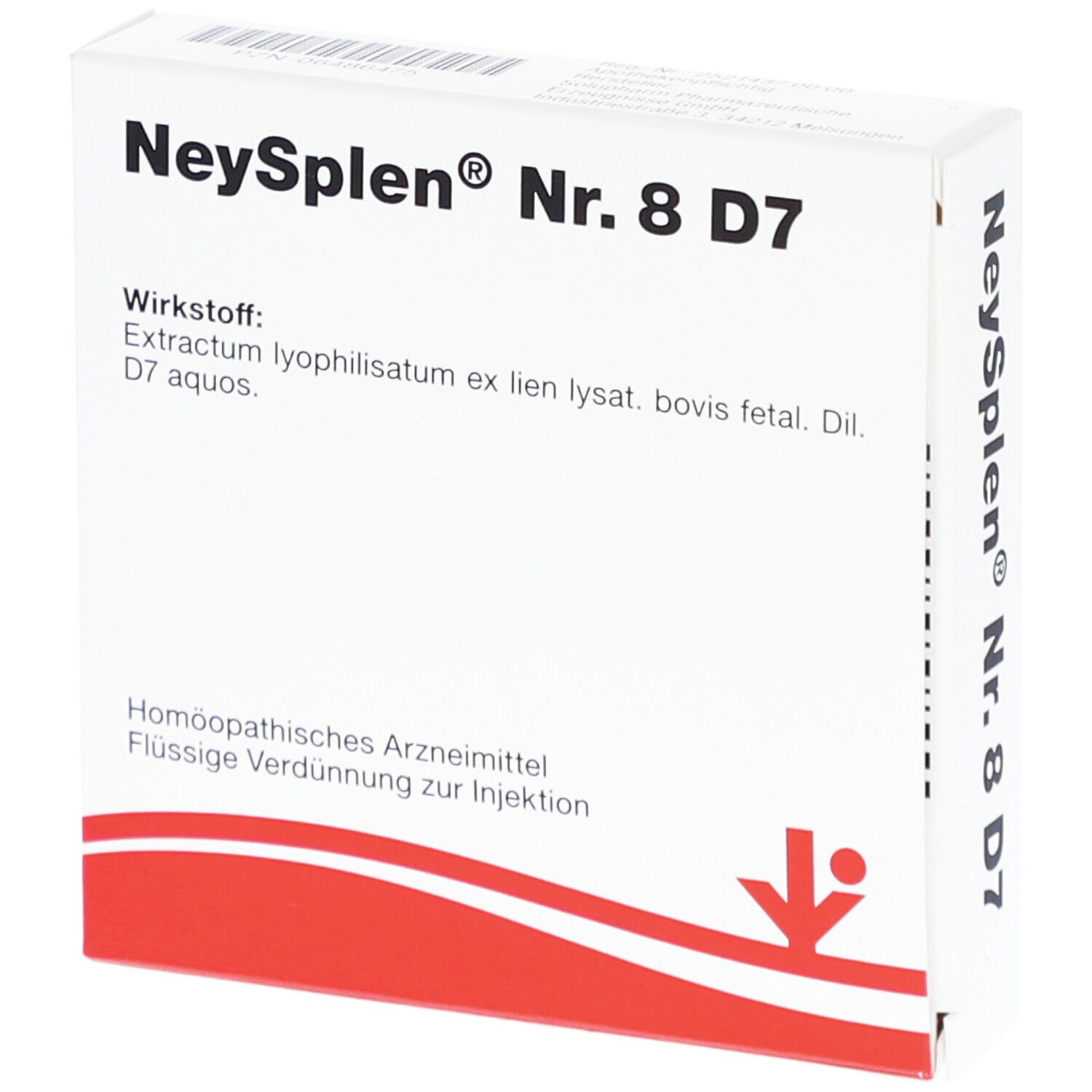Karton mit Produktbezeichnung: NeySplen Nr. 8 D7. Roter Streifen am unteren Rand. Homöopathisches Arzneimittel.