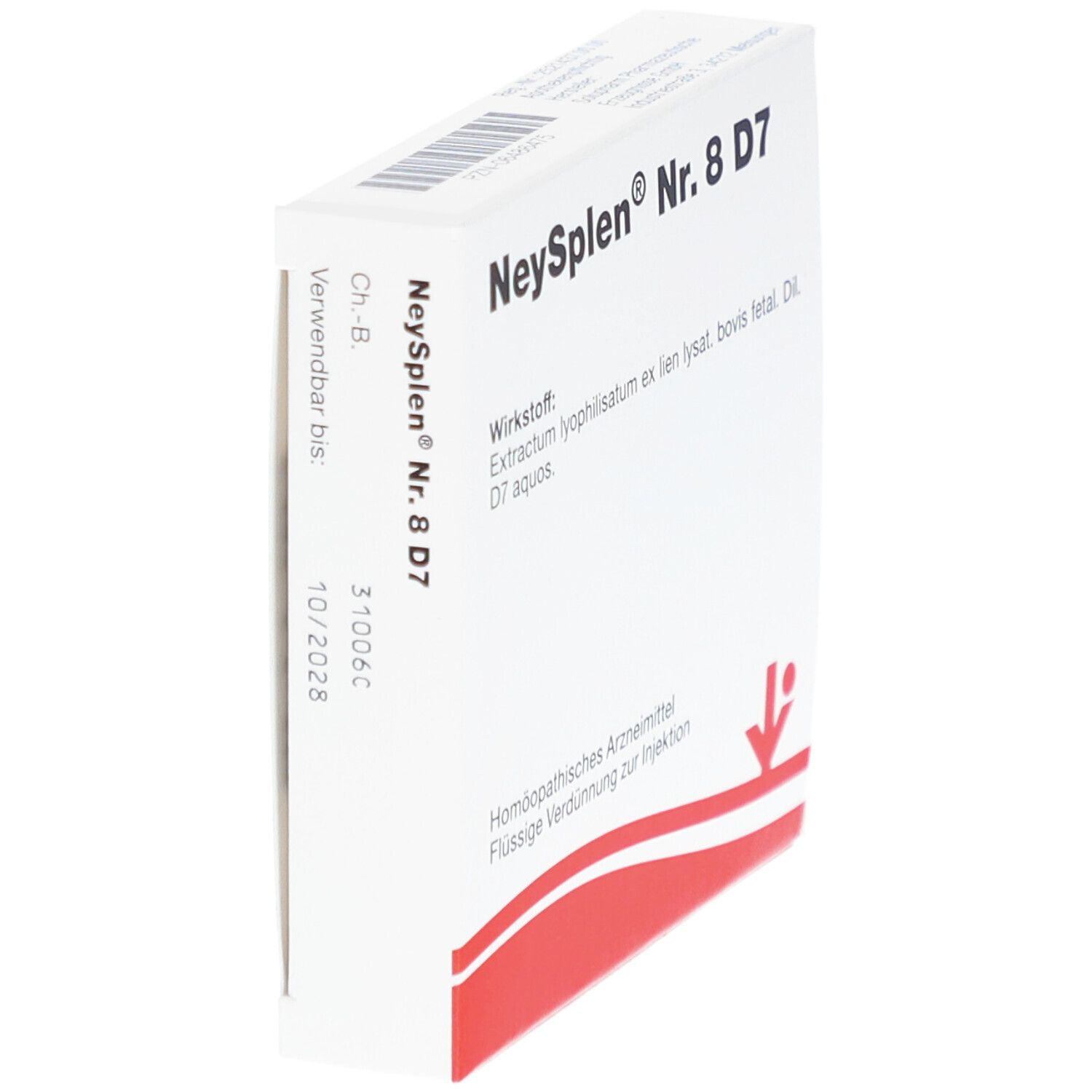 Karton von NeySplen Nr. 8 D7. Rückseite mit Text. Haltbarkeitsdatum 10/2028. Homöopathisches Arzneimittel.