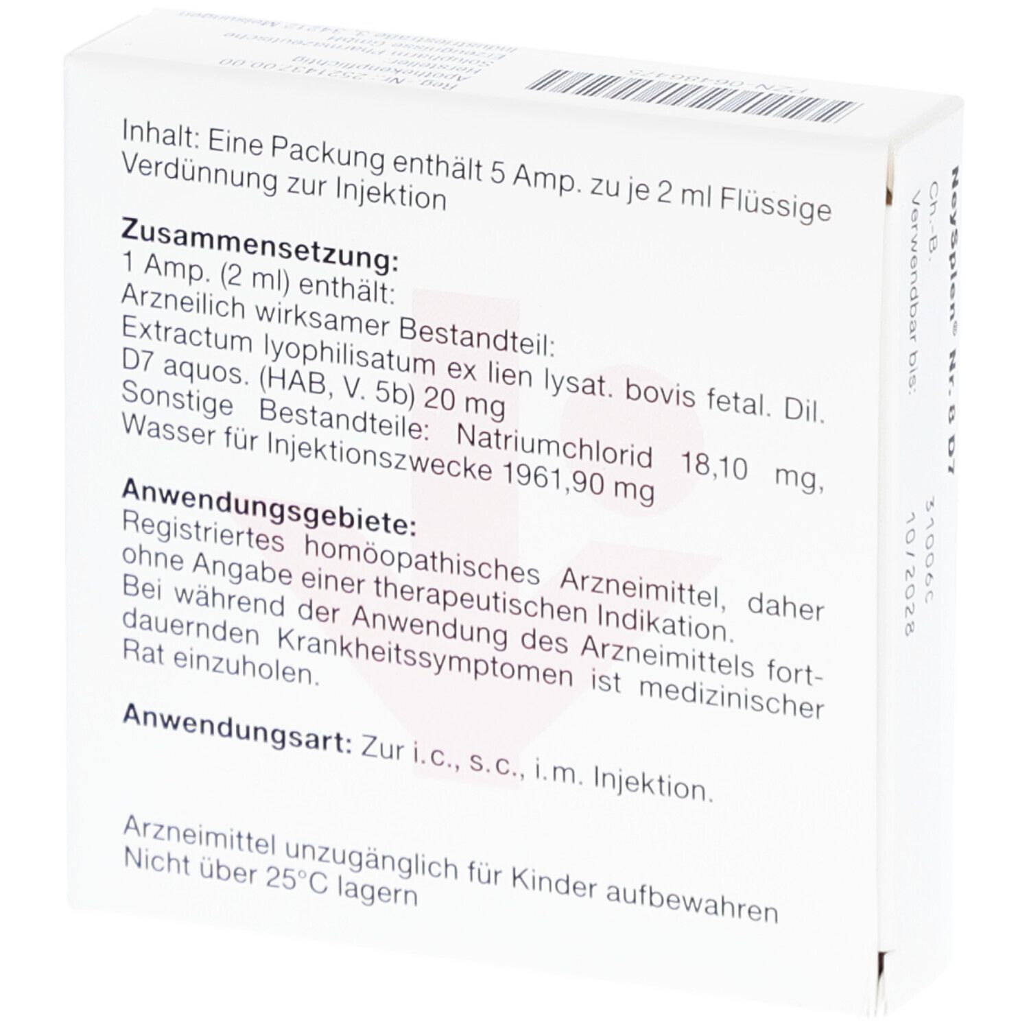 Rückseite der NeySplen Nr. 8 D7 Packung. Text mit Inhaltsangaben und Anwendungshinweisen. Homöopathisches Arzneimittel.