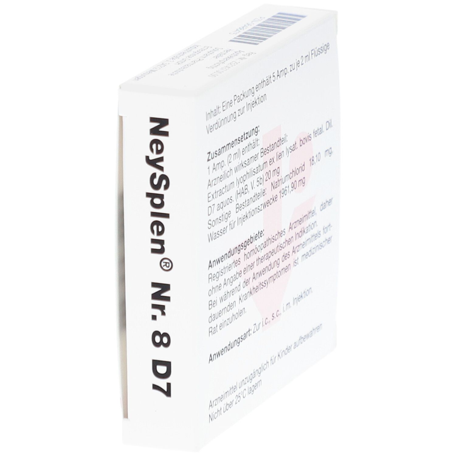 Rückseite der NeySplen Nr. 8 D7 Packung. Text mit Inhaltsangaben und Anwendungshinweisen. Homöopathisches Arzneimittel.