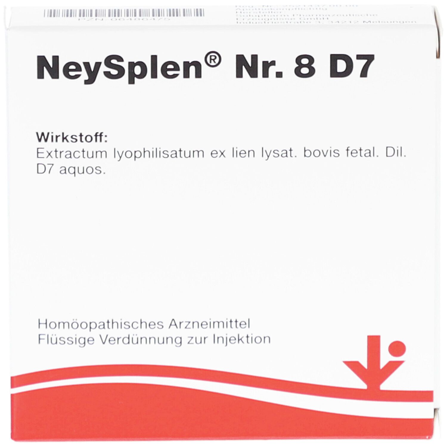 Karton mit Produktbezeichnung: NeySplen Nr. 8 D7. Roter Streifen am unteren Rand. Homöopathisches Arzneimittel.