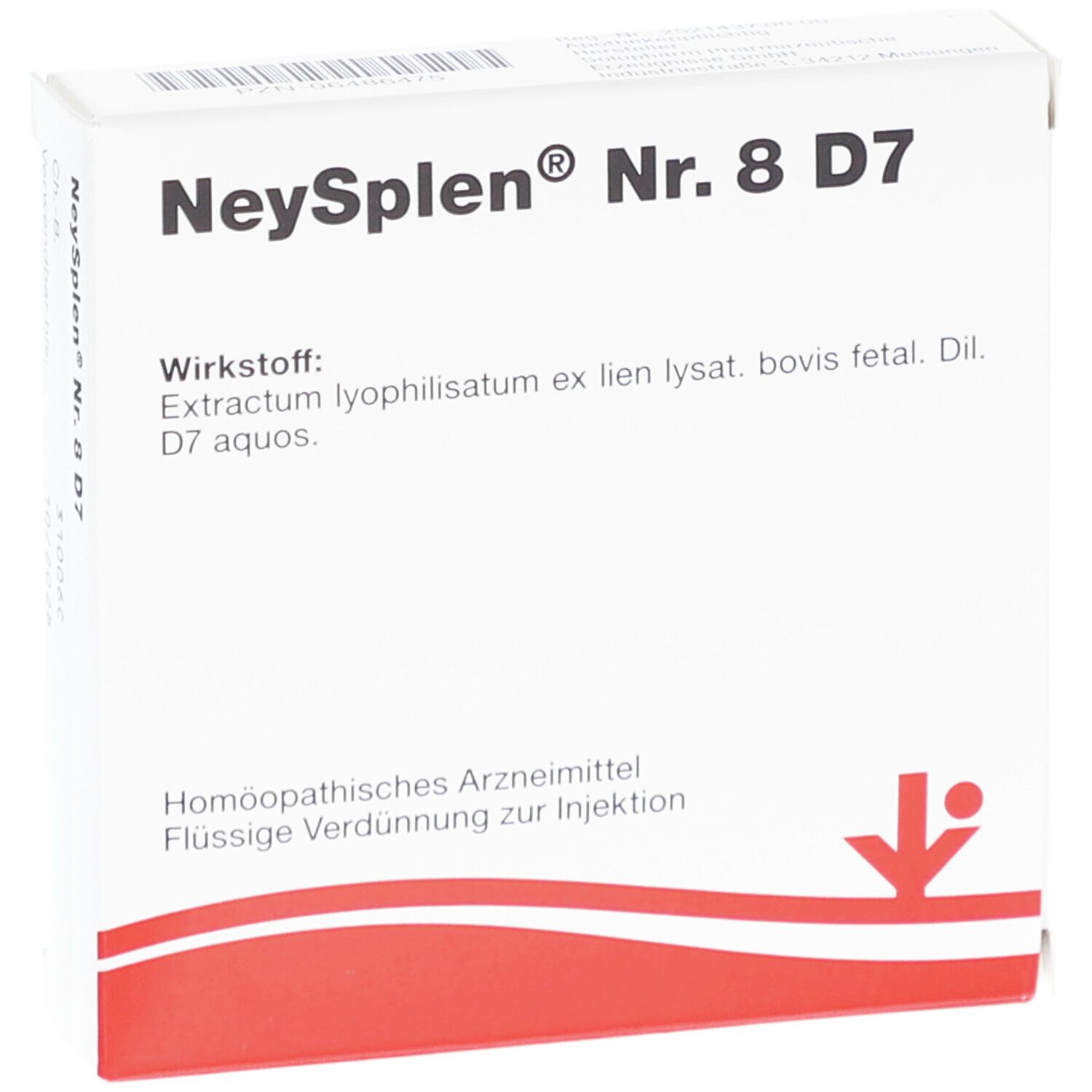 Karton mit Produktbezeichnung: NeySplen Nr. 8 D7. Roter Streifen am unteren Rand. Homöopathisches Arzneimittel.