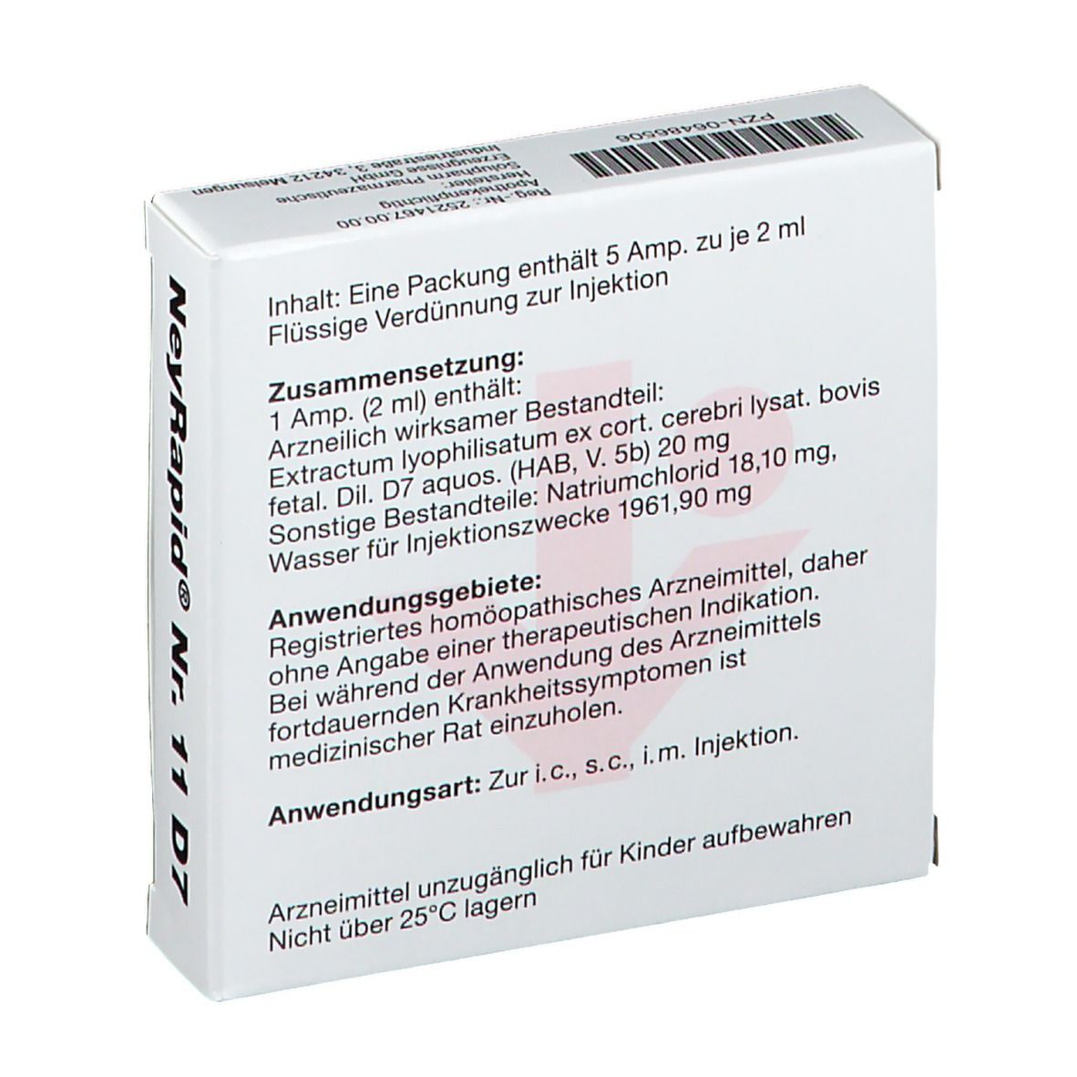 Rückseite der NeyRapid Nr. 11 D7-Verpackung. Enthält Informationen zu Inhalt, Zusammensetzung und Anwendung. Text in Deutsch.