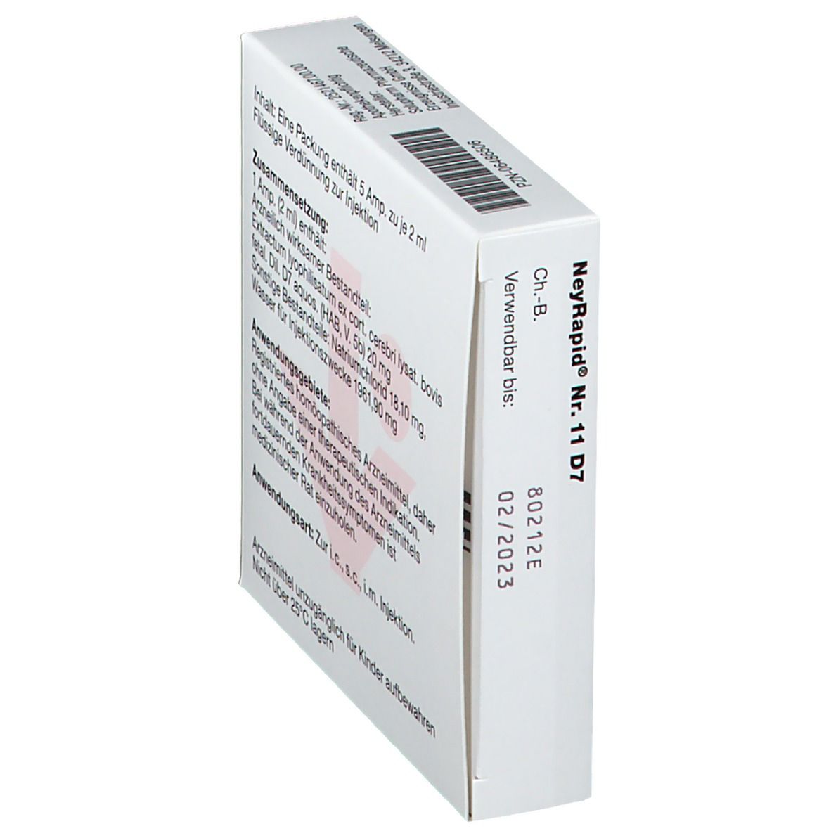 Schräg stehende Verpackung von NeyRapid Nr. 11 D7. Enthält Informationen, u.a. Verwendbar bis 02/2023. Text in Deutsch.