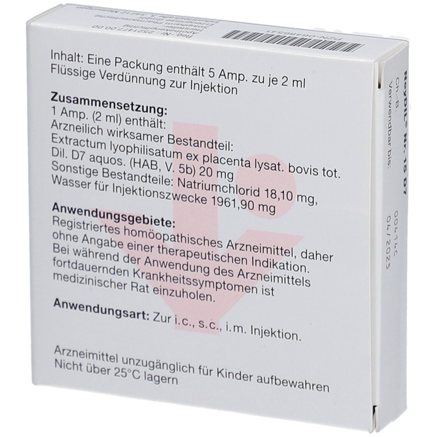 Weiße Schachtel mit rotem Akzent. Aufschrift: NeyDiL Nr. 15 D7. Rückseite mit Inhaltsangaben und Anwendung.