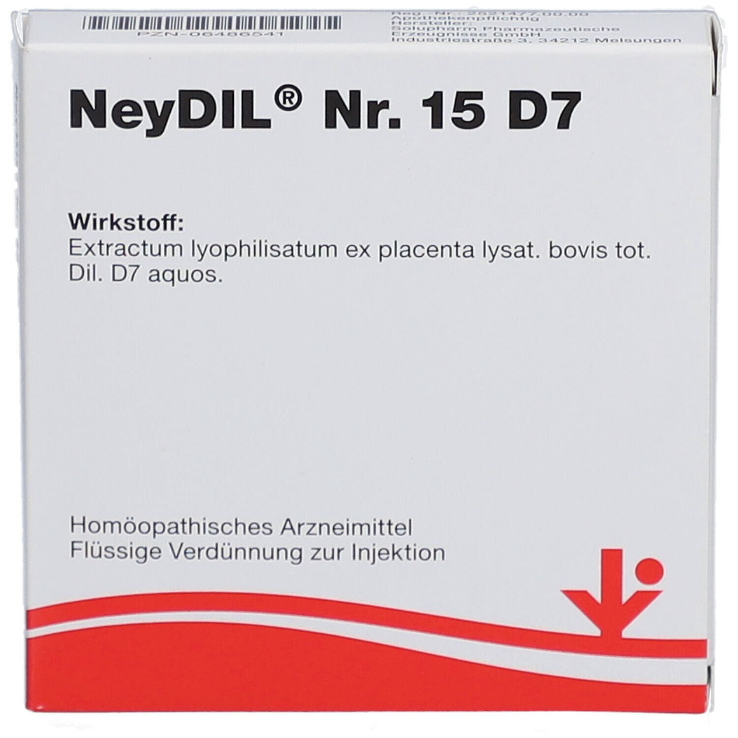 Weiße Schachtel mit rotem Akzent. Aufschrift: NeyDiL Nr. 15 D7. Enthält flüssige Verdünnung zur Injektion.