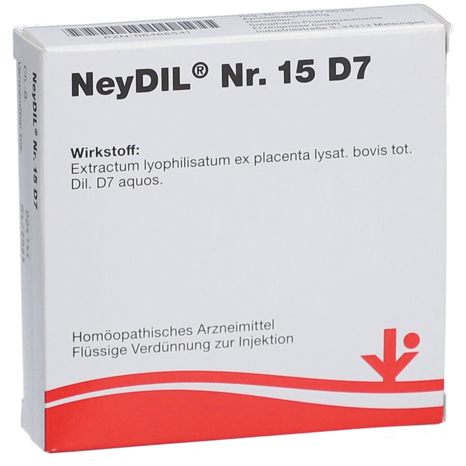 Weiße Schachtel mit rotem Akzent. Aufschrift: NeyDiL Nr. 15 D7. Enthält flüssige Verdünnung zur Injektion.