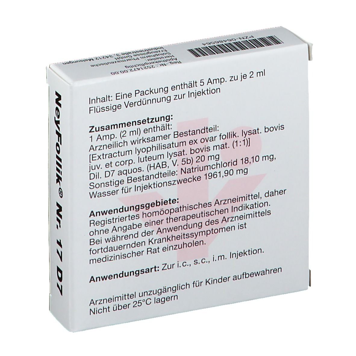 Packung NeyFollik Nr. 17 D7. Rückseite mit Inhaltsangaben und Anwendungshinweisen. Homöopathisches Arzneimittel.