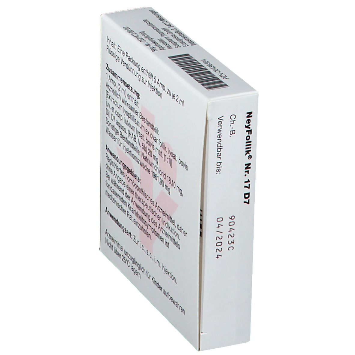 Schräg gestellte Packung NeyFollik Nr. 17 D7. Rückseite mit Inhaltsangaben und Verfallsdatum. Homöopathisches Arzneimittel.