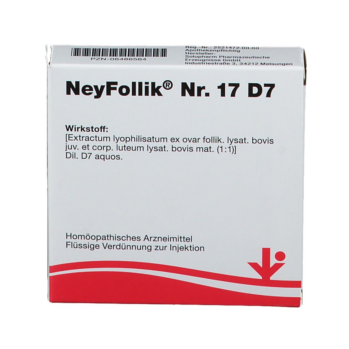 Packung NeyFollik Nr. 17 D7. Aufschrift: Wirkstoff, Homöopathisches Arzneimittel, Flüssige Verdünnung zur Injektion.