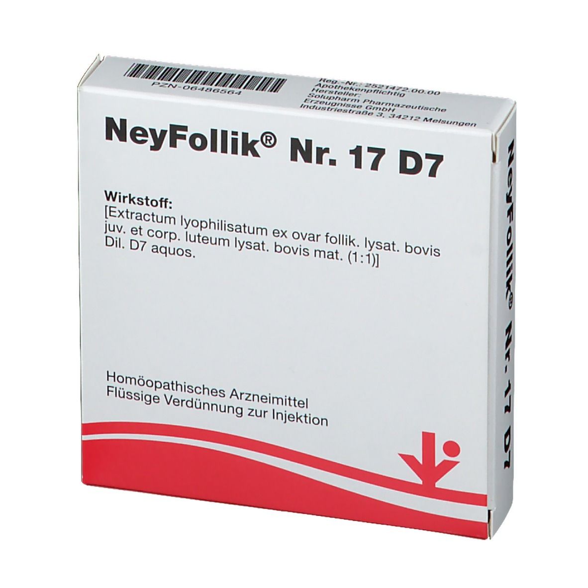 Packung NeyFollik Nr. 17 D7. Aufschrift: Wirkstoff, Homöopathisches Arzneimittel, Flüssige Verdünnung zur Injektion.